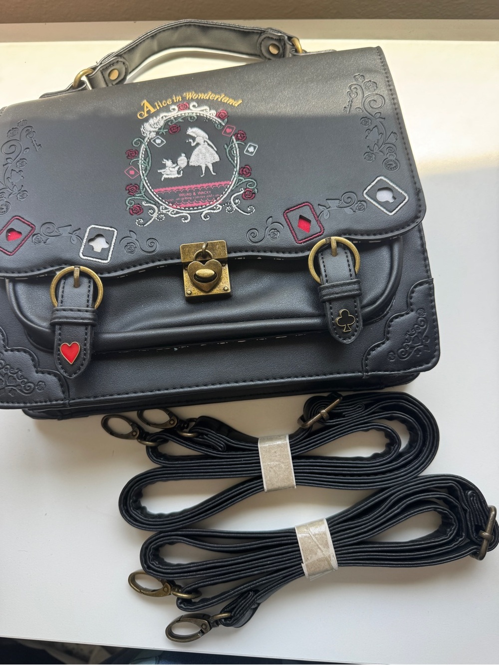 Alice in Wonderland Black Embroidered Satchel and backpack NWOT - Picture 5 of 7